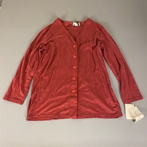 Trepano Collection Knit Button Down Top Petite Large Red Long Sleeve New w/ Flaw